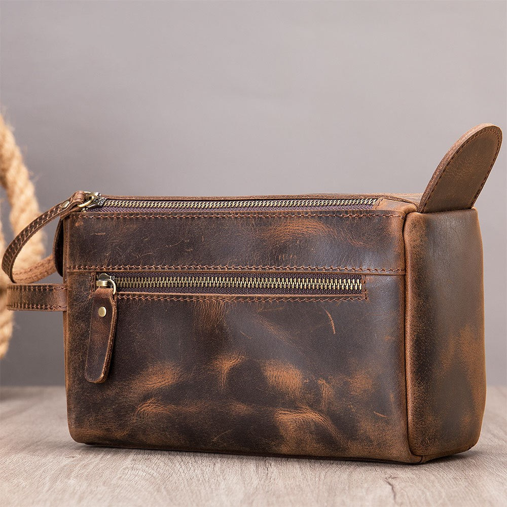 Vintage Cowhide Genuine Leather Large Capacity Wash Bag Clutch Bag