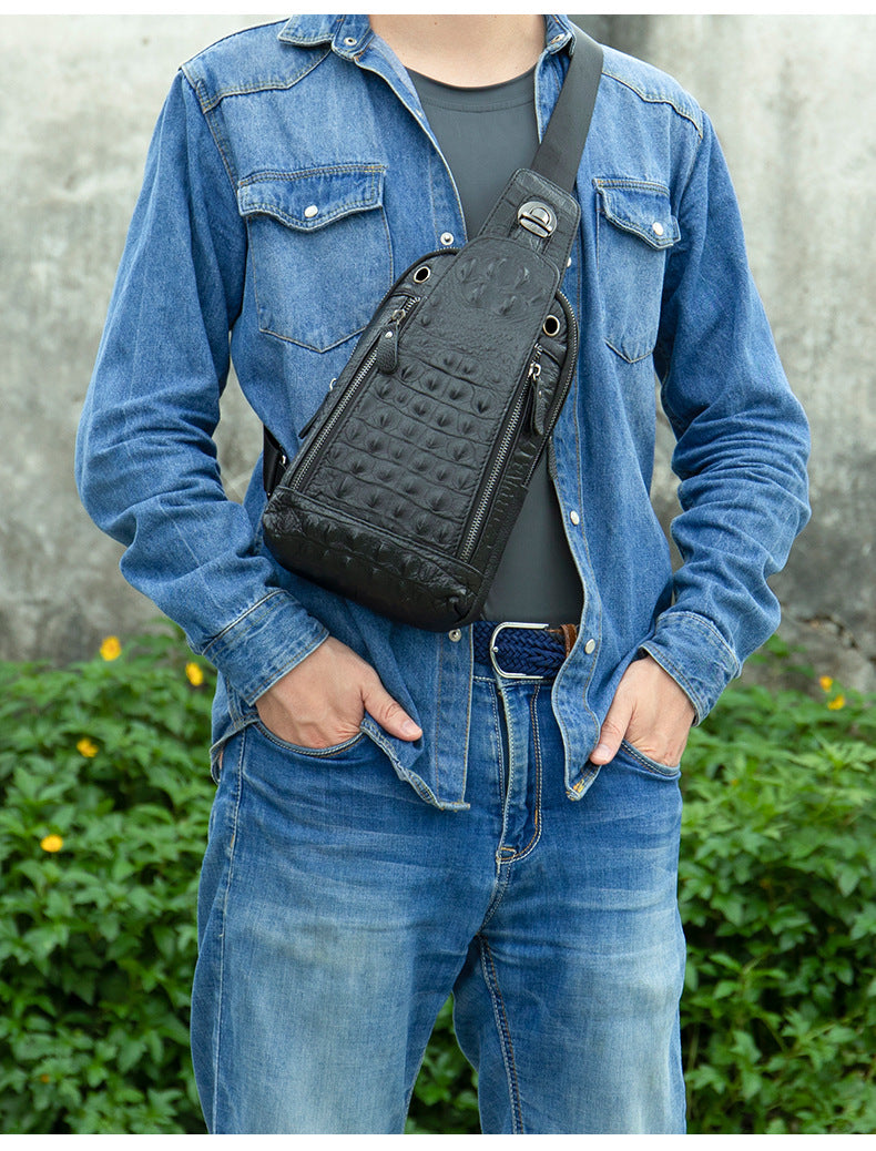 Crocodile Grain Genuine Leather Men's Cowhide Crossbody Chest Bag