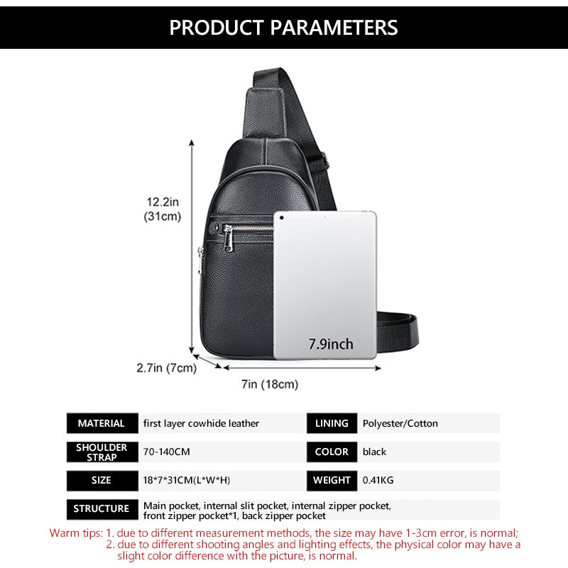 Head Layer Cowhide Shoulder Crossbody Handmade Genuine Leather Sports Chest Bag