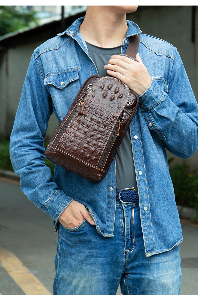 Crocodile Grain Genuine Leather Men's Cowhide Crossbody Chest Bag