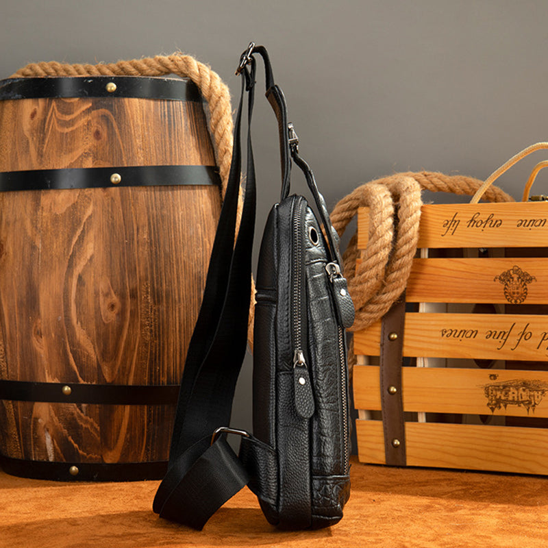 Crocodile Grain Genuine Leather Men's Cowhide Crossbody Chest Bag
