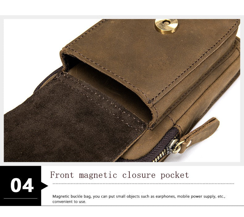 Men's Genuine Leather Cell Phone Waist Bag Wear Belt Cowhide Cell Phone Bag Multi-functional Hanging Bag