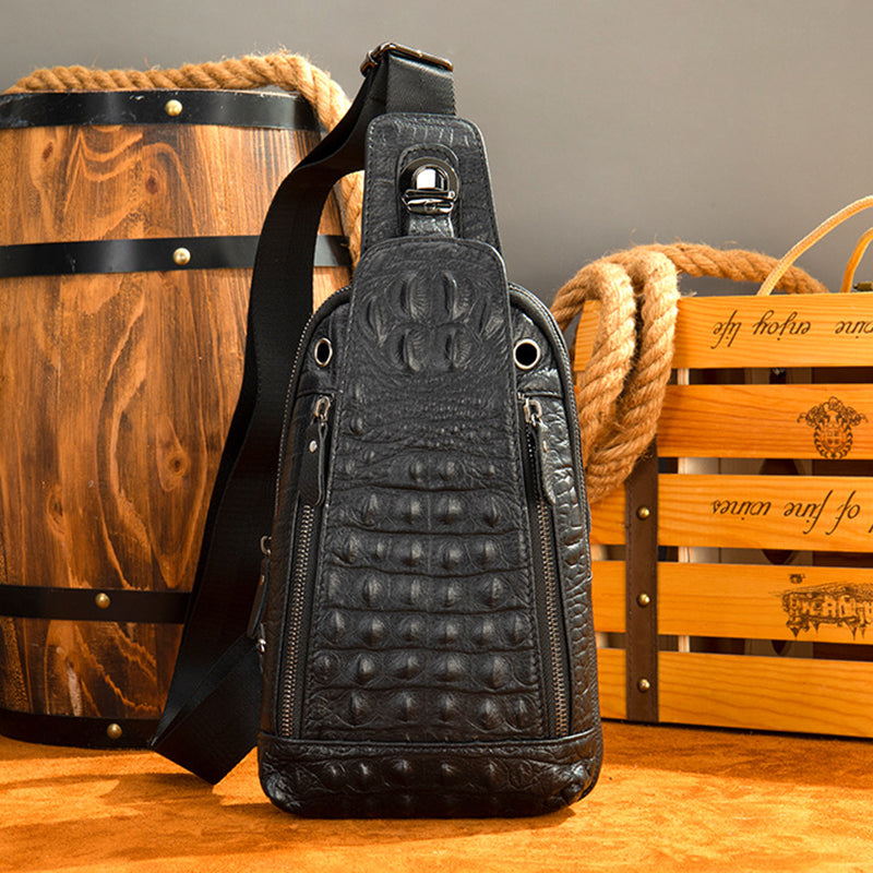 Crocodile Grain Genuine Leather Men's Cowhide Crossbody Chest Bag