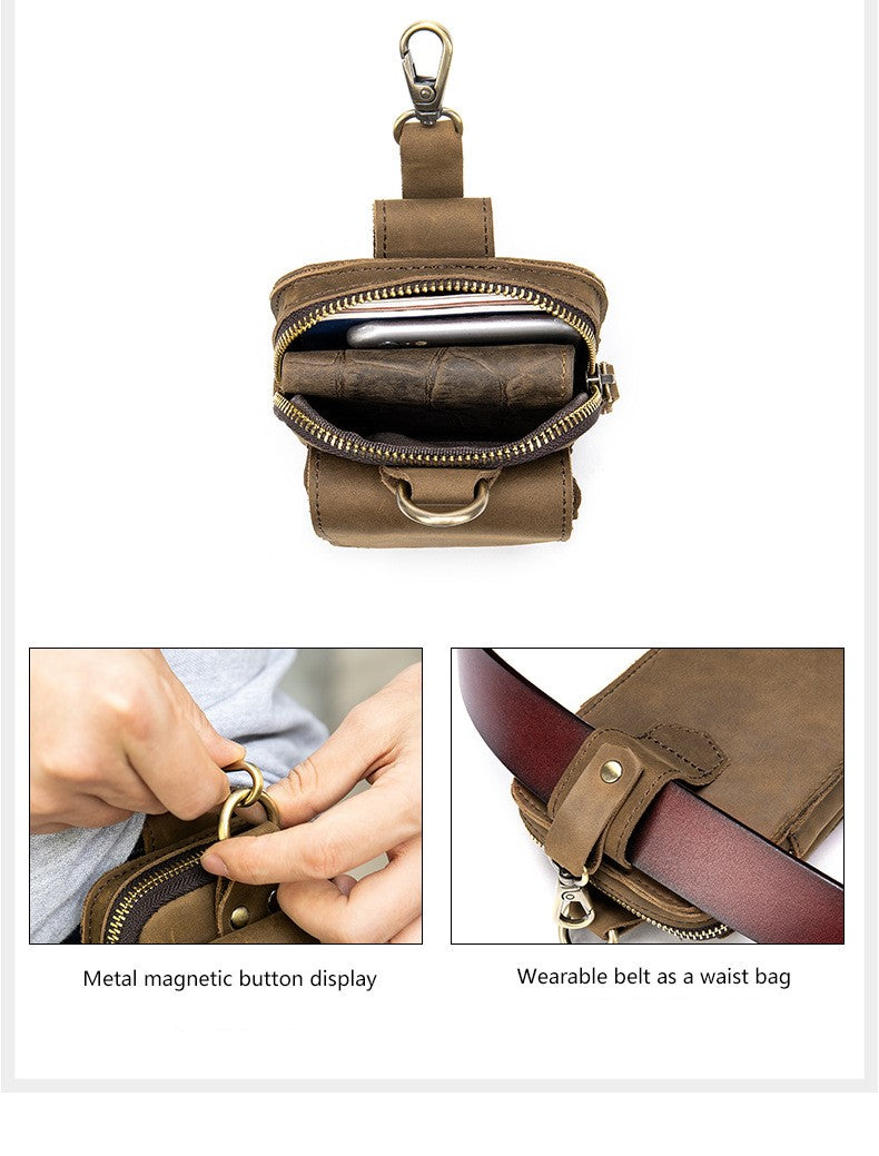 Men's Genuine Leather Cell Phone Waist Bag Wear Belt Cowhide Cell Phone Bag Multi-functional Hanging Bag