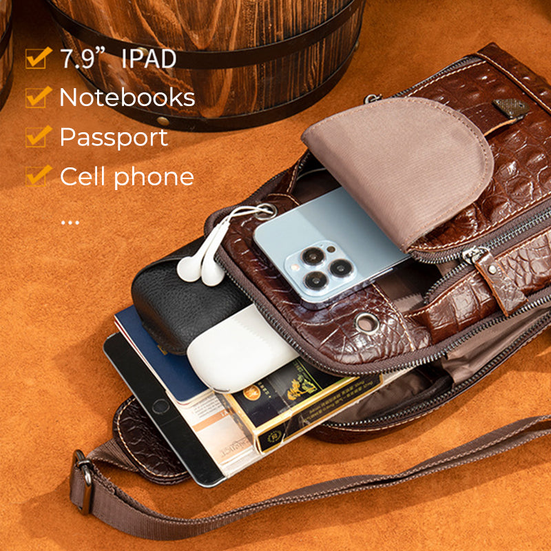 Crocodile Grain Genuine Leather Men's Cowhide Crossbody Chest Bag