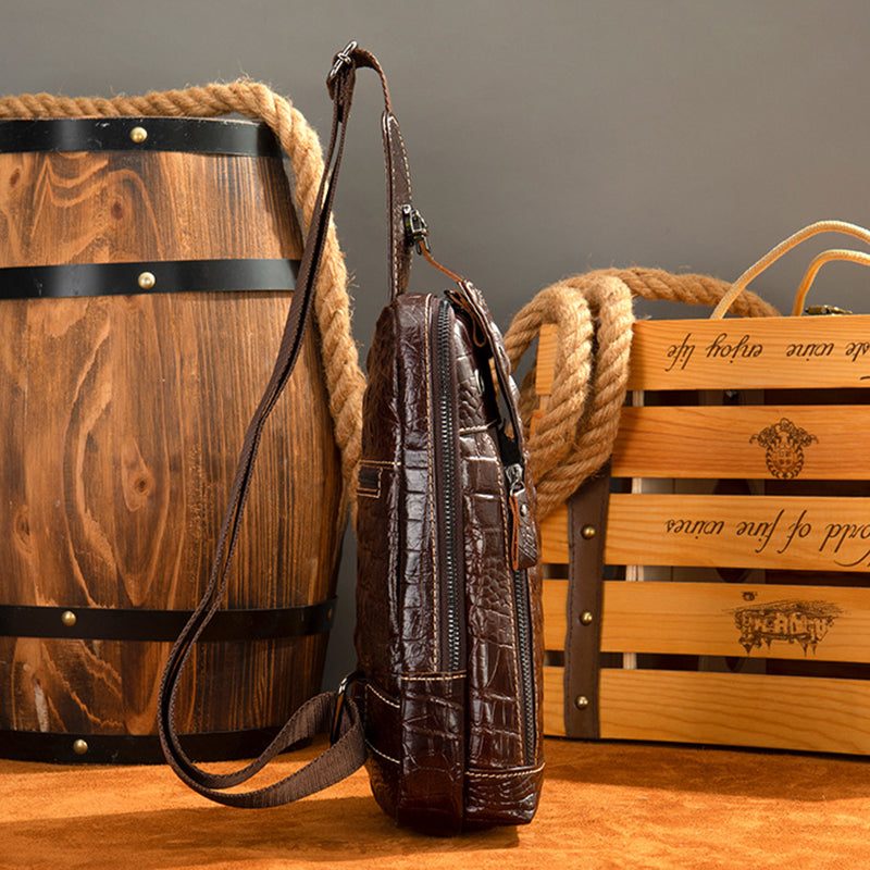Crocodile Grain Genuine Leather Men's Cowhide Crossbody Chest Bag