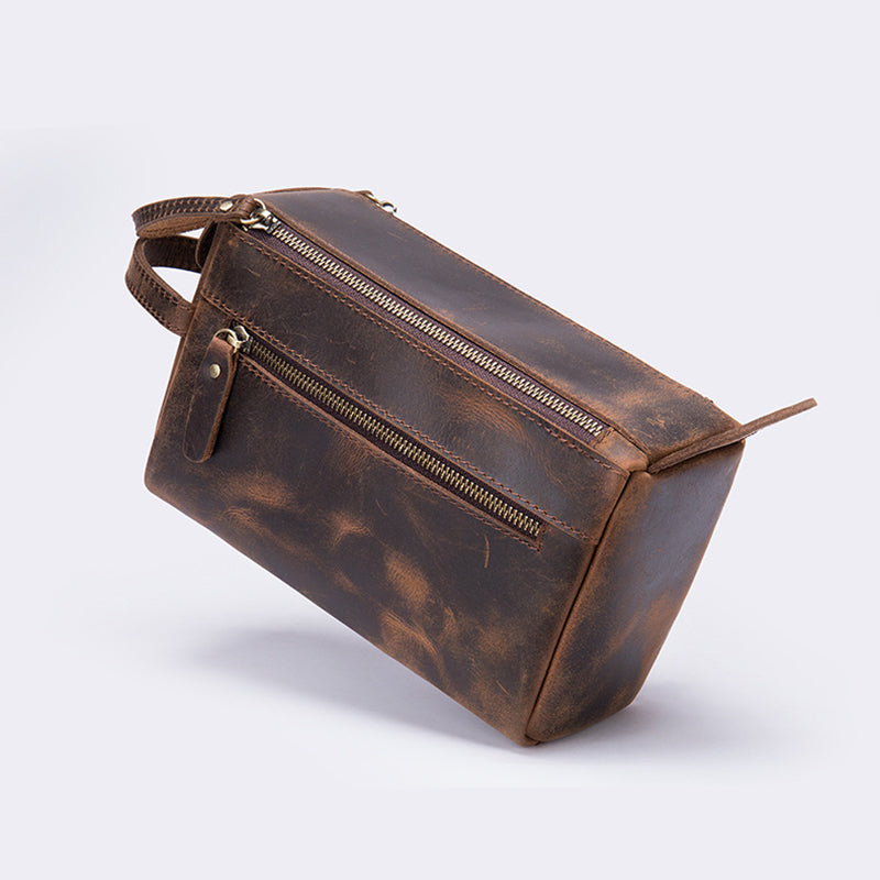 Vintage Cowhide Genuine Leather Large Capacity Wash Bag Clutch Bag
