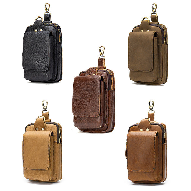 Men's Genuine Leather Cell Phone Waist Bag Wear Belt Cowhide Cell Phone Bag Multi-functional Hanging Bag