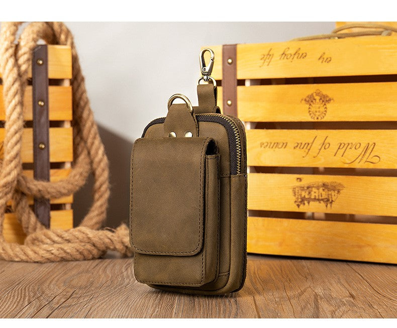 Men's Genuine Leather Cell Phone Waist Bag Wear Belt Cowhide Cell Phone Bag Multi-functional Hanging Bag