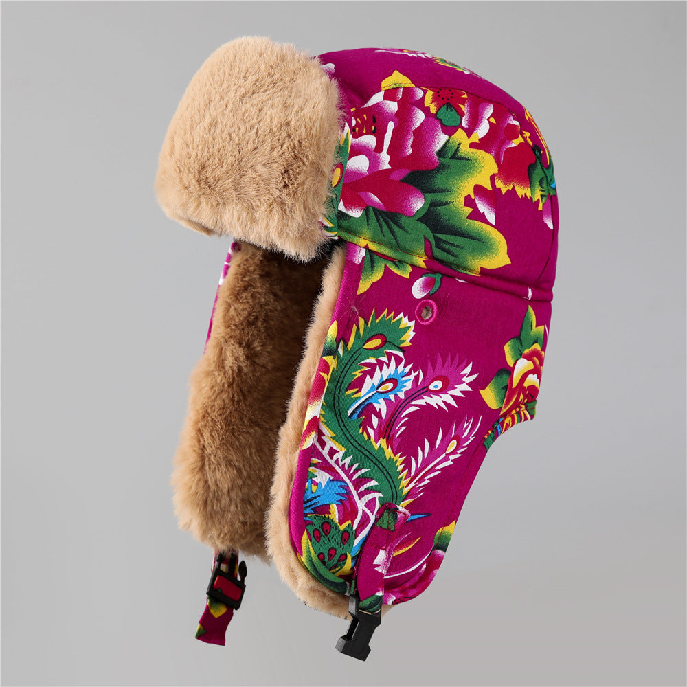 Ethnic Style Large Flower Thickened and Fleece-lined Ear Protection Cotton Hat