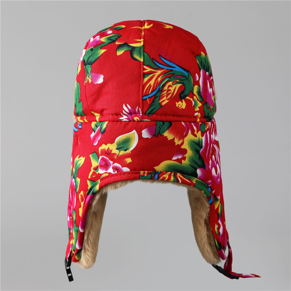 Ethnic Style Large Flower Thickened and Fleece-lined Ear Protection Cotton Hat