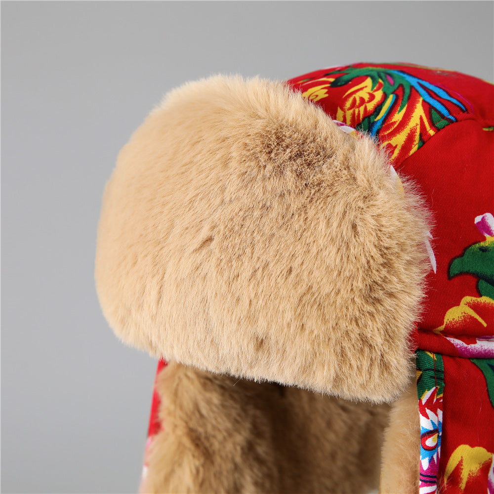 Ethnic Style Large Flower Thickened and Fleece-lined Ear Protection Cotton Hat