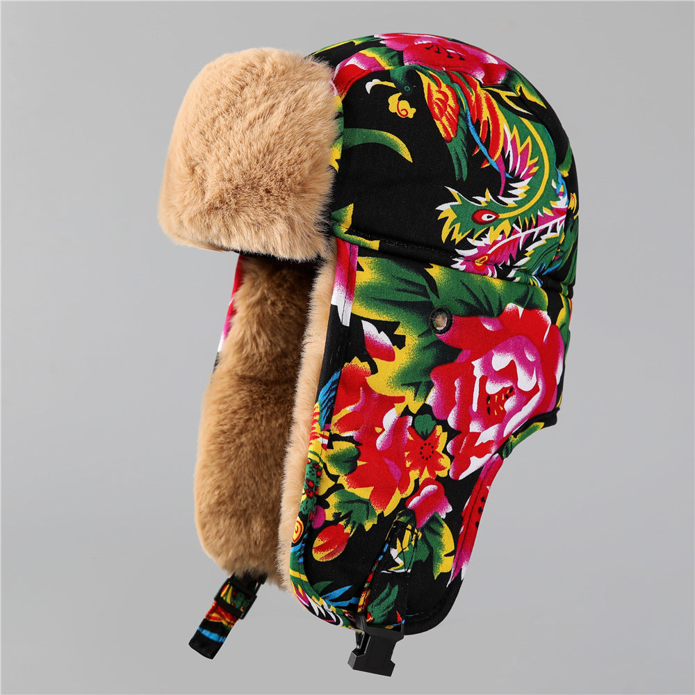 Ethnic Style Large Flower Thickened and Fleece-lined Ear Protection Cotton Hat