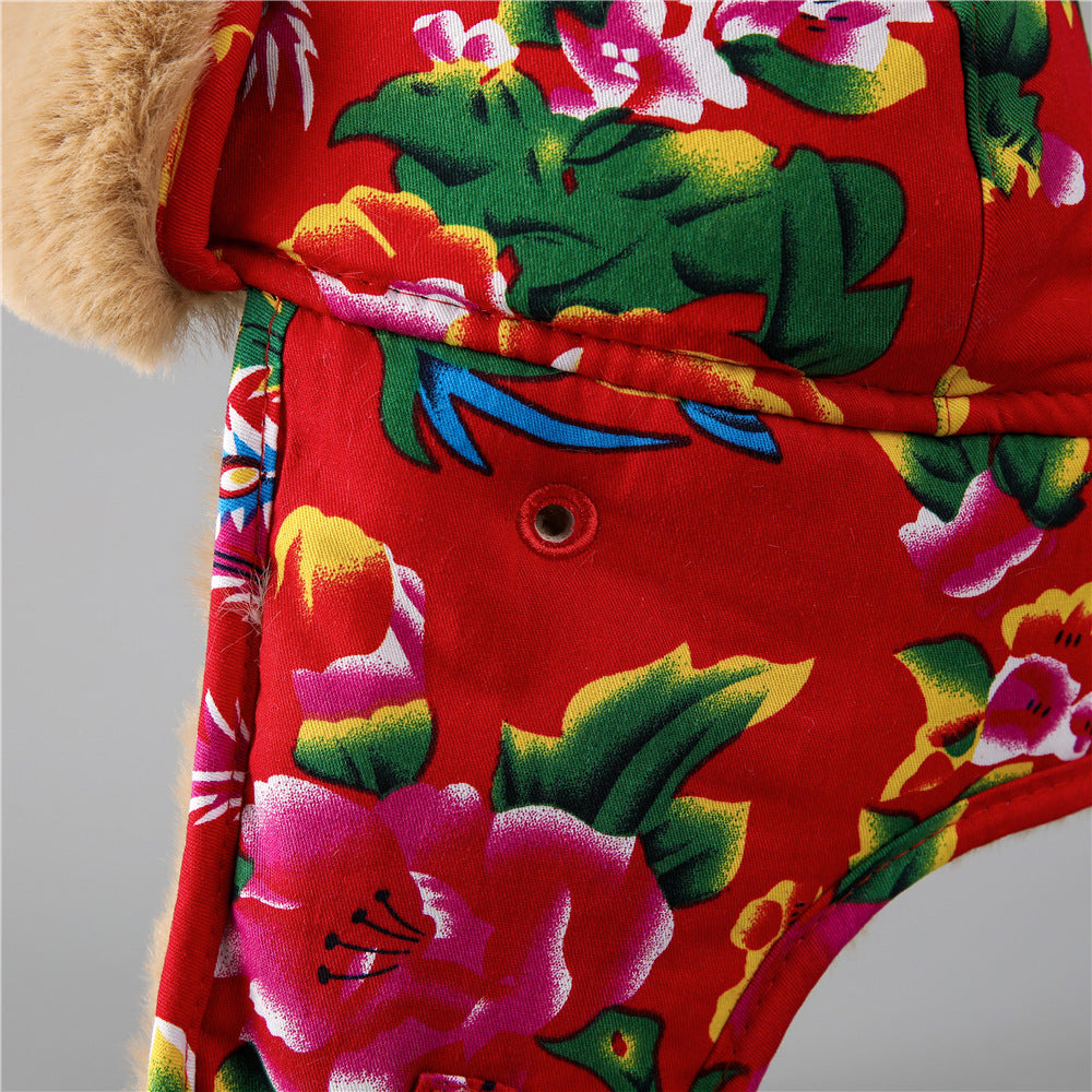 Ethnic Style Large Flower Thickened and Fleece-lined Ear Protection Cotton Hat