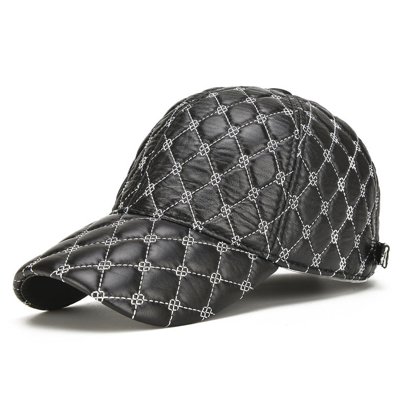 Men's Diamond Plaid Genuine Sheepskin Head Layer Sheepskin Baseball Cap