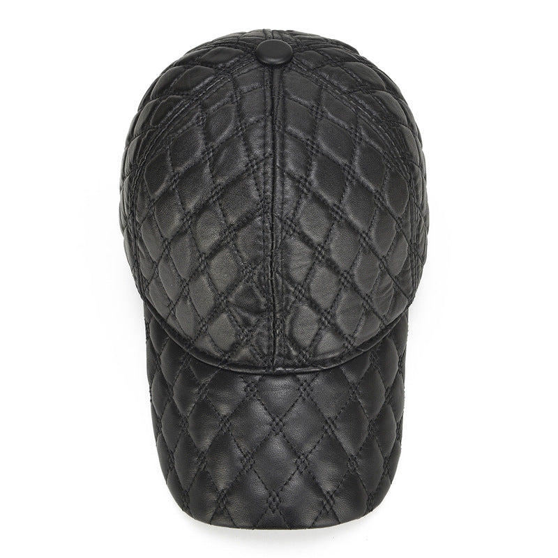 Men's Diamond Plaid Genuine Sheepskin Head Layer Sheepskin Baseball Cap