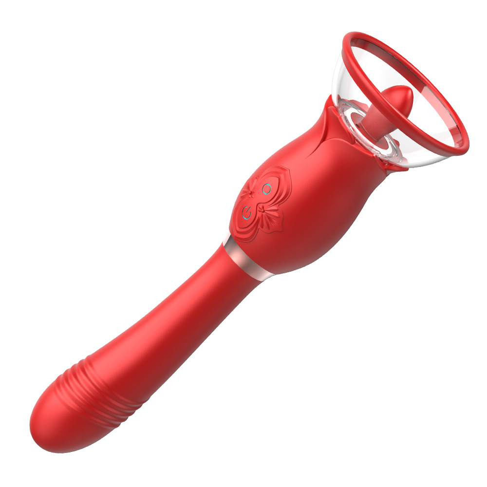 3 In 1 Rose Toy with Licking Tongue Sucker, Body Pump Telescopic Wand