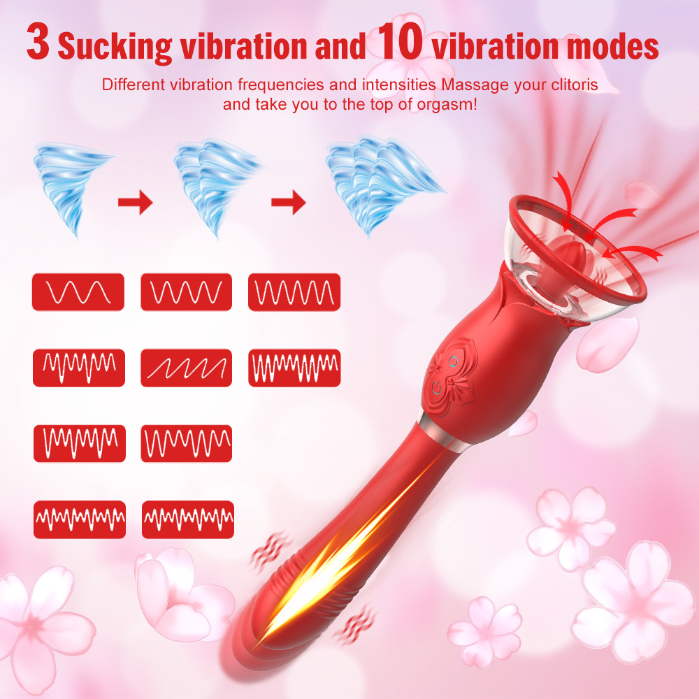 3 In 1 Rose Toy with Licking Tongue Sucker, Body Pump Telescopic Wand