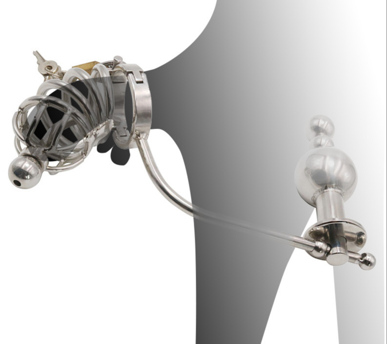 Stainless Steel Chastity Cock Cage With Urethral Insert & Anal Plug