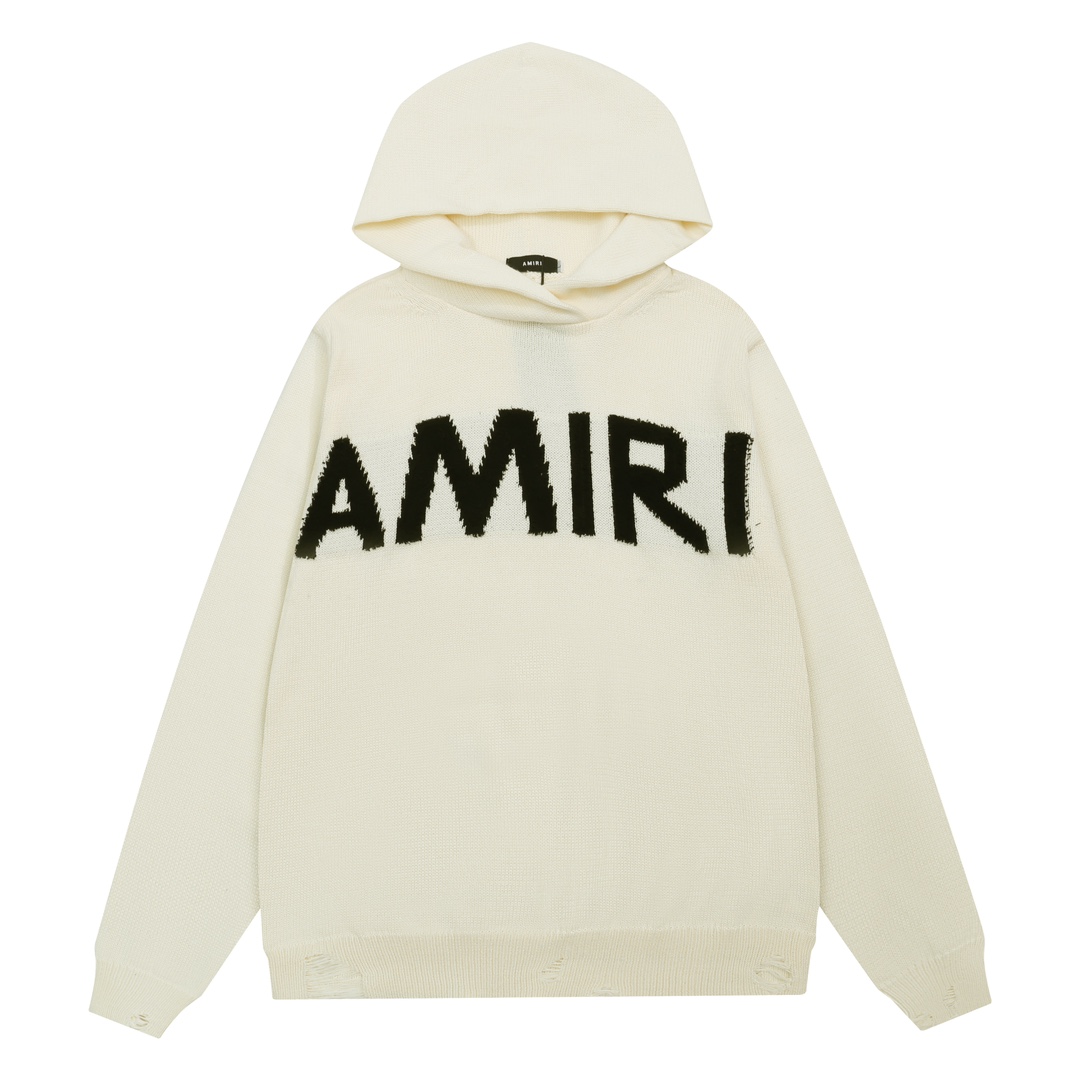 AMIRI Letter Logo Jacquard Tassel Disrupted Distressed Hooded Sweater