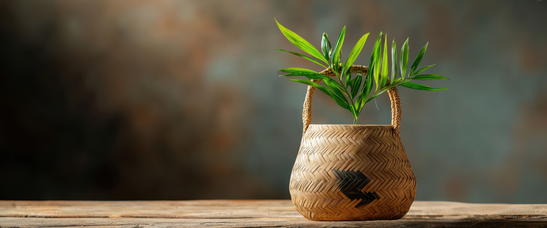Bamboo flower arrangement basket on a table, showcasing natural elegance and rustic charm