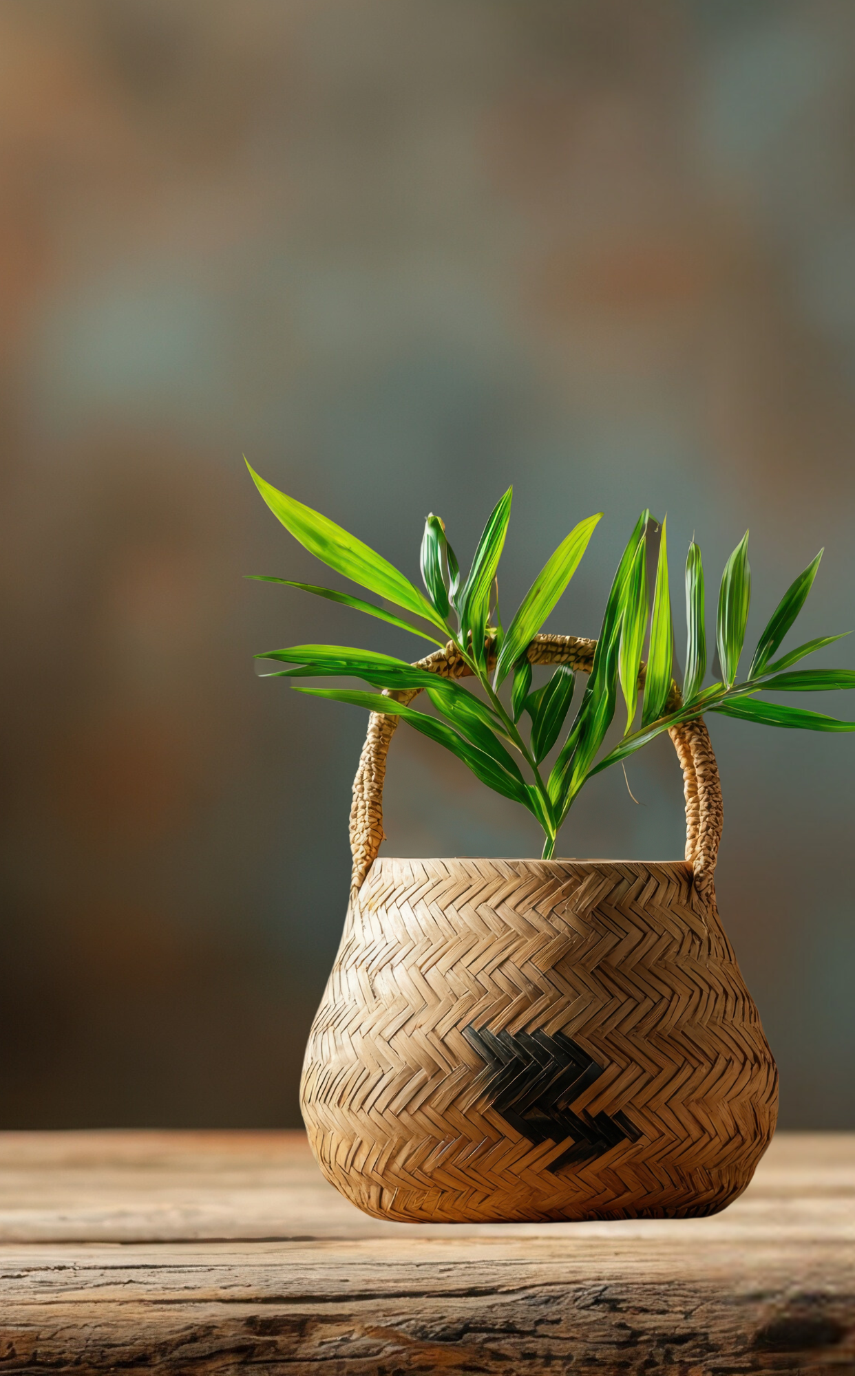 Bamboo flower arrangement basket on a table, showcasing natural elegance and rustic charm