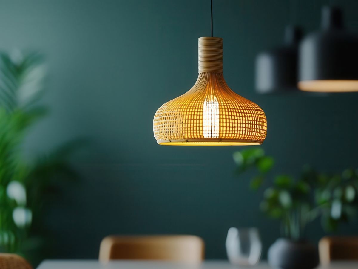 Bamboo Lighting Fixture in a Modern Living Room - Eco-Friendly Home Decor