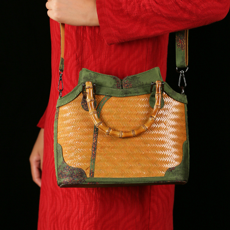 Handwoven Bamboo Shoulder Bag - Vintage Woven Handbag