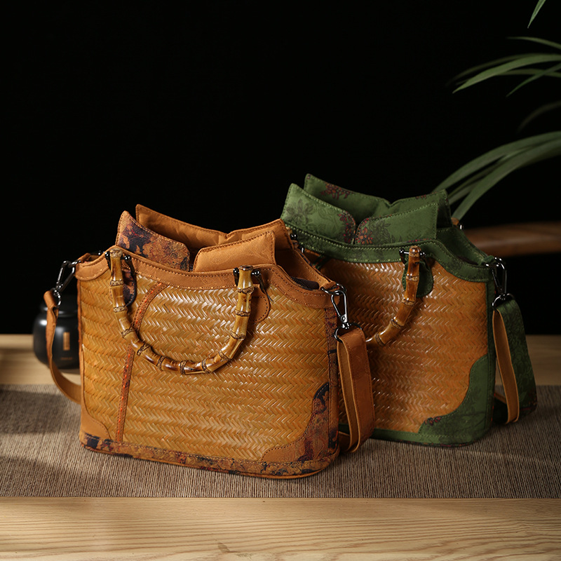 Handwoven Bamboo Shoulder Bag - Vintage Woven Handbag