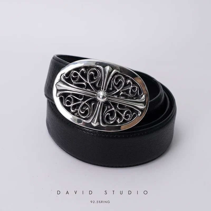CLASSIC OVAL CROSS BUCKLE COWHIDE LEATHER BELT