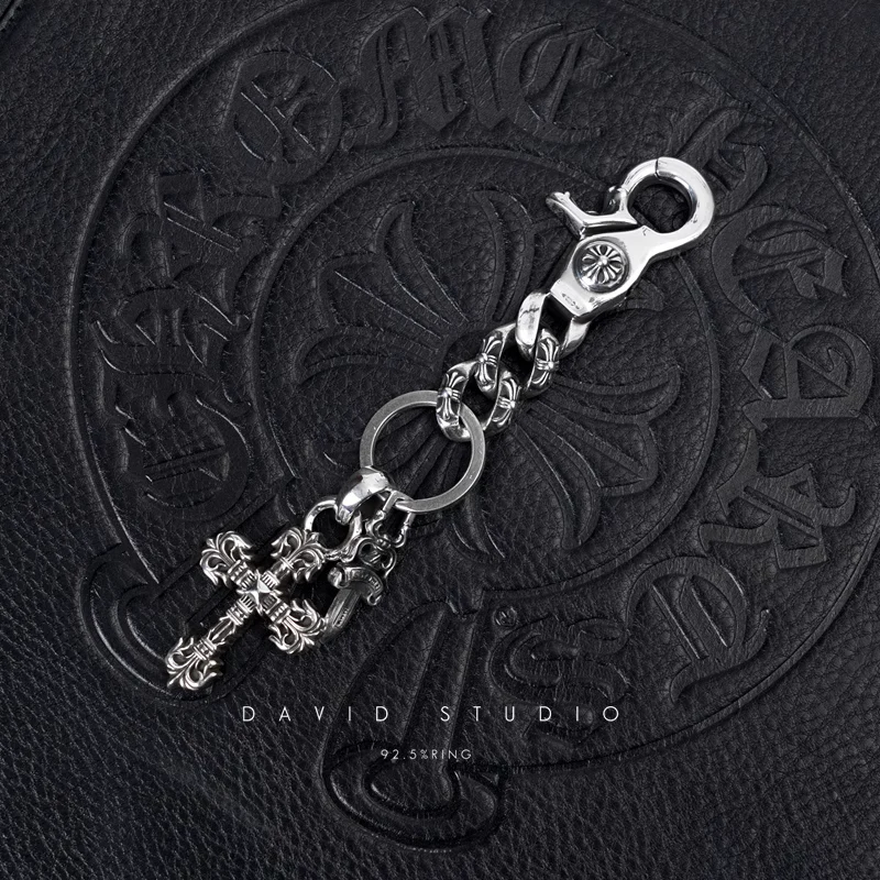 CHROME HEARTS FANCY LINK KEY CHAIN WITH XS FILIGREE CROSS AND DAGGER KEY RING