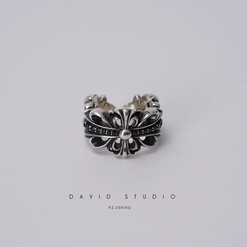 CHROME HEARTS DOUBLE FLORAL RING WITH BLACK DIAMONDS