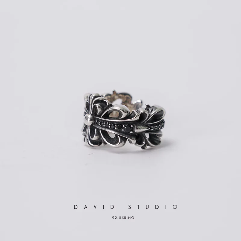 CHROME HEARTS DOUBLE FLORAL RING WITH BLACK DIAMONDS