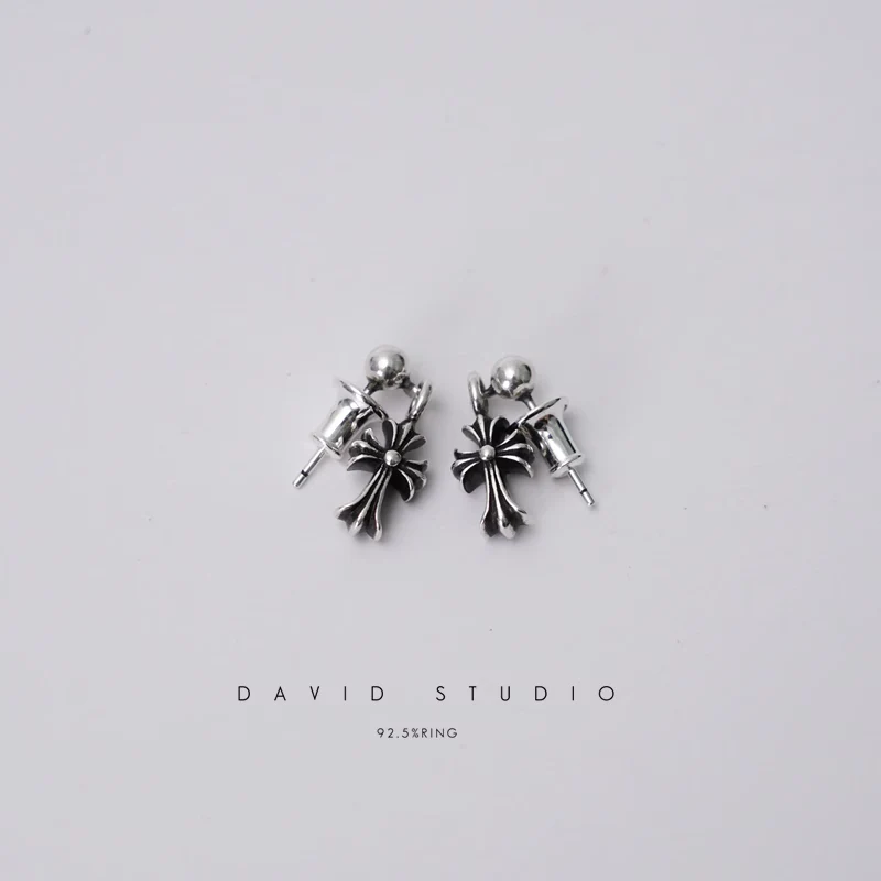 CHROME HEARTS TINY E CROSS DROP EARRINGS