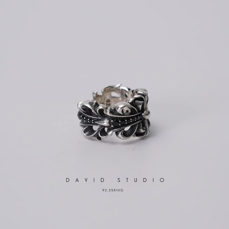 CHROME HEARTS DOUBLE FLORAL RING WITH BLACK DIAMONDS