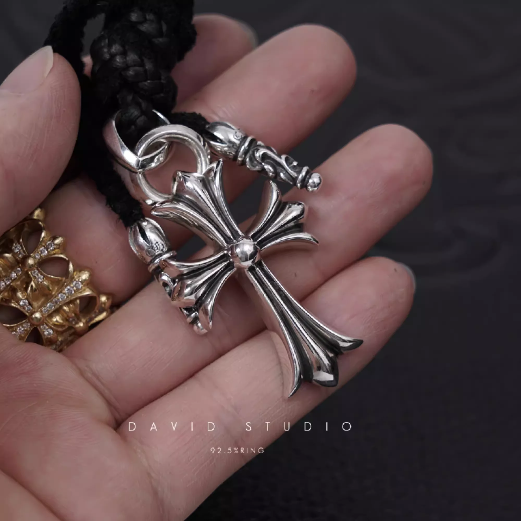 CHROME HEARTS SMALL CROSS PENDANT WITH BAIL – LEATHER BRAID