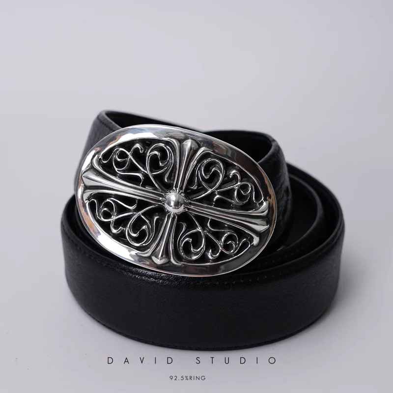 CLASSIC OVAL CROSS BUCKLE COWHIDE LEATHER BELT