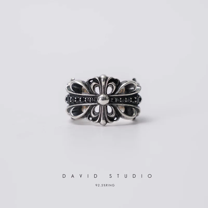 CHROME HEARTS DOUBLE FLORAL RING WITH BLACK DIAMONDS