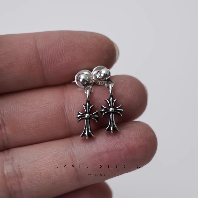 CHROME HEARTS TINY E CROSS DROP EARRINGS