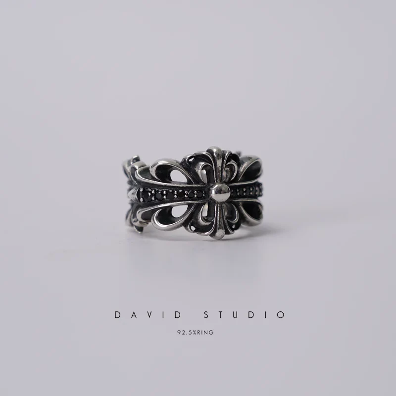 CHROME HEARTS DOUBLE FLORAL RING WITH BLACK DIAMONDS