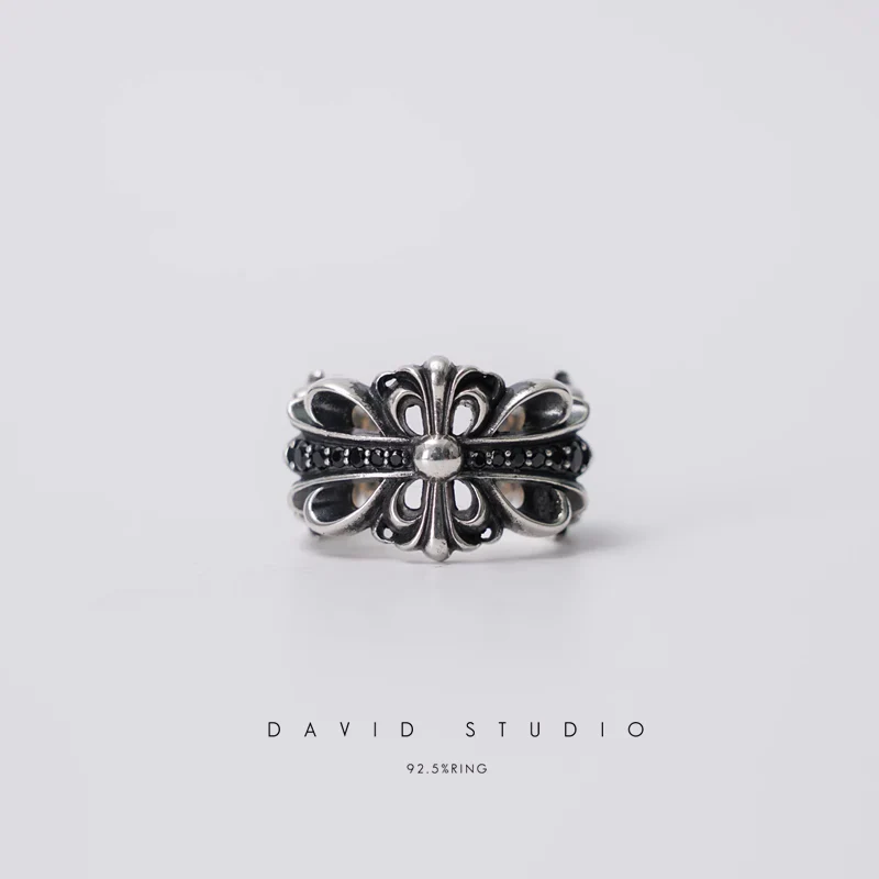 CHROME HEARTS DOUBLE FLORAL RING WITH BLACK DIAMONDS
