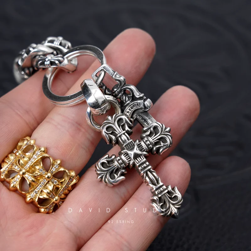 CHROME HEARTS FANCY LINK KEY CHAIN WITH XS FILIGREE CROSS AND DAGGER KEY RING