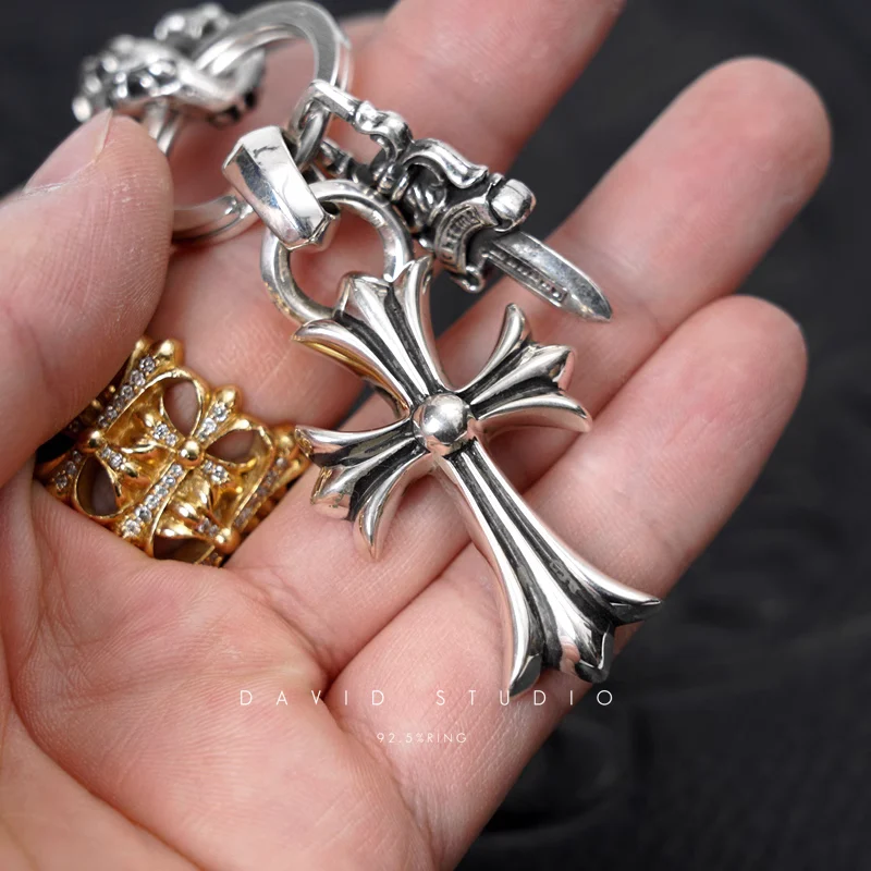 CHROME HEARTS FANCY LINK KEY CHAIN WITH CROSS AND DAGGER KEY RING