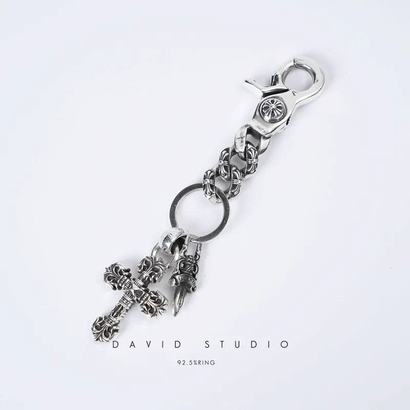 CHROME HEARTS FANCY LINK KEY CHAIN WITH XS FILIGREE CROSS AND DAGGER KEY RING