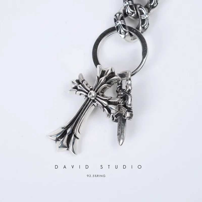 CHROME HEARTS FANCY LINK KEY CHAIN WITH DOUBLE CROSS AND DAGGER KEY RING