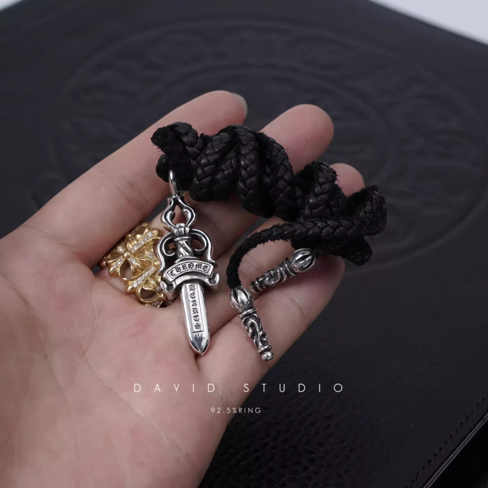 CHROME HEARTS DOUBLE DAGGER PENDANT – LEATHER BRAID