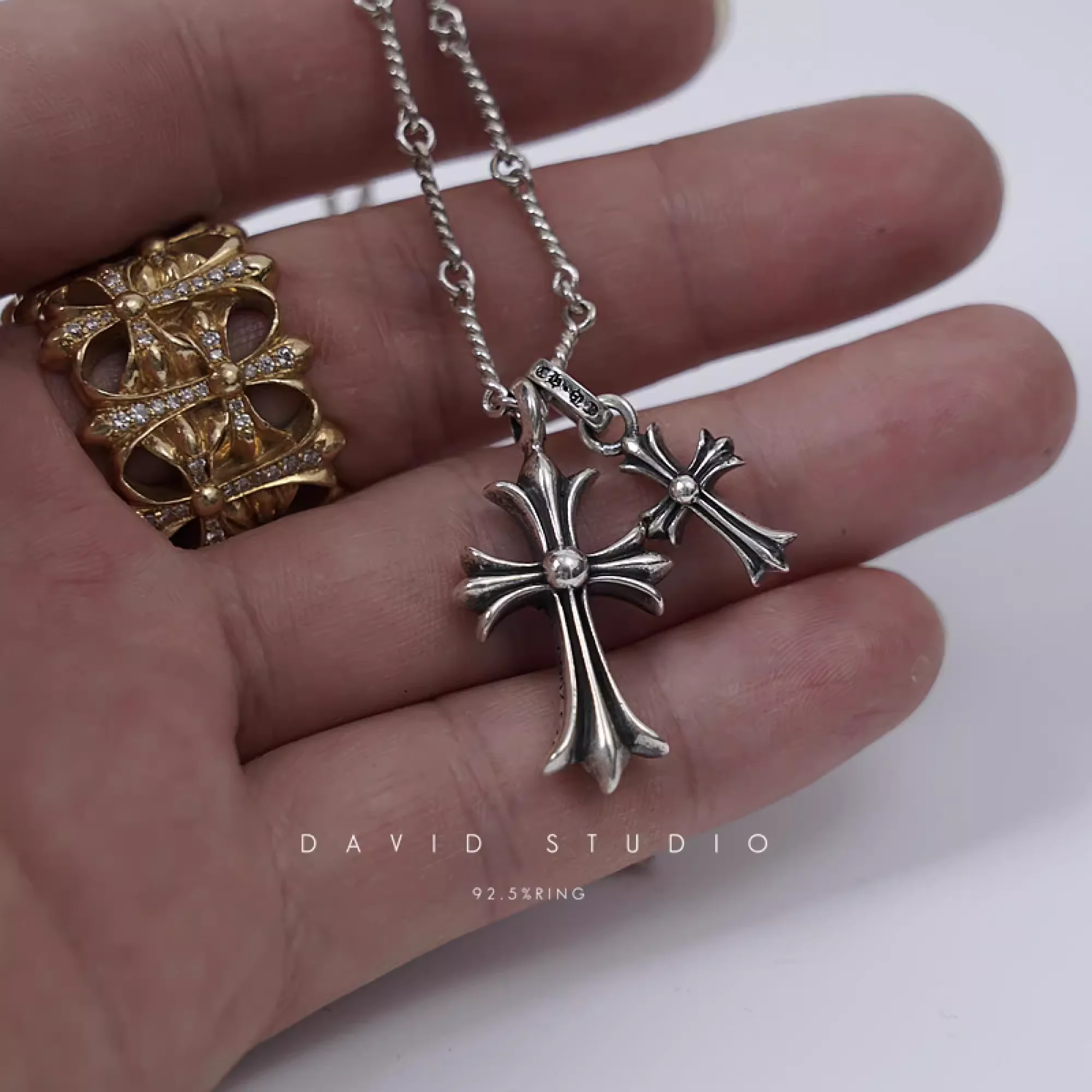 SMALL CROSS AND BABYFAT CHARM NECKLACE WITH DIAMONDS – TWIST CHAIN