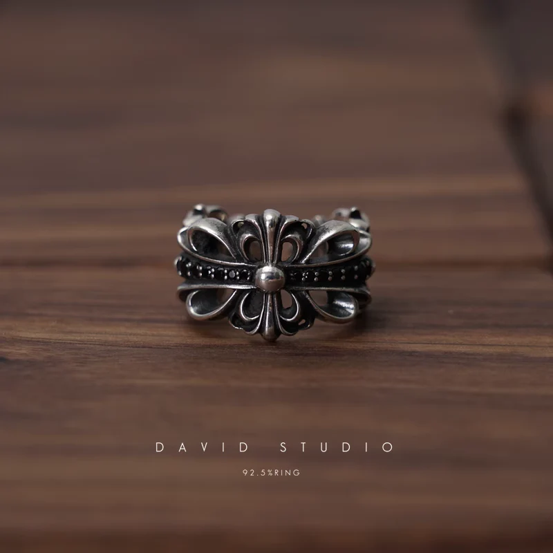 CHROME HEARTS DOUBLE FLORAL RING WITH BLACK DIAMONDS