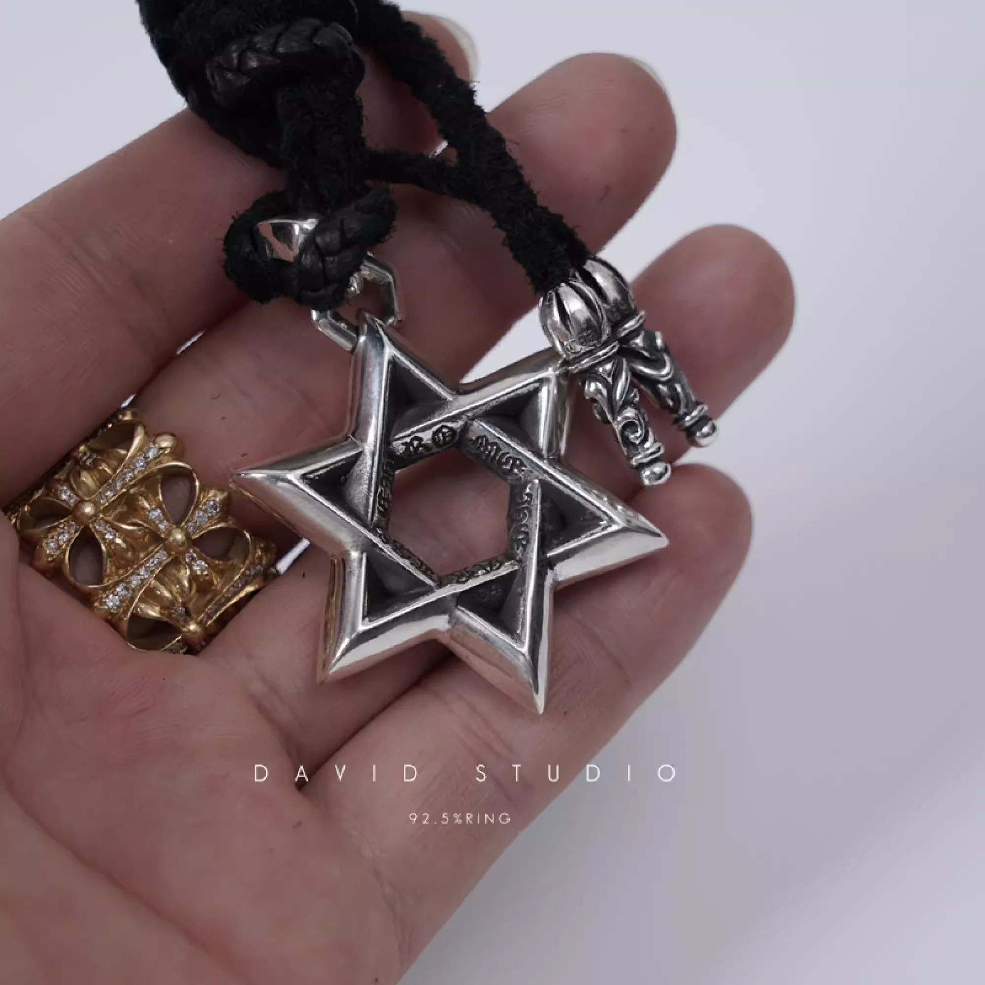 CHROME HEARTS LARGE STAR OF DAVID PENDANT – LEATHER BRAID