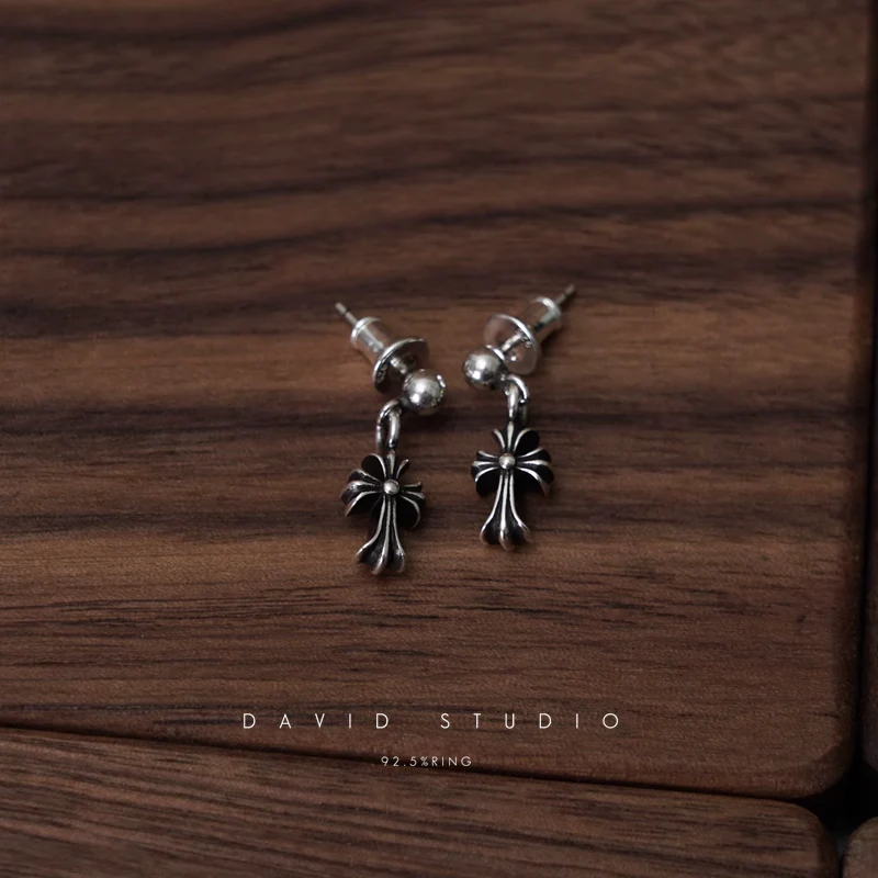 CHROME HEARTS TINY E CROSS DROP EARRINGS